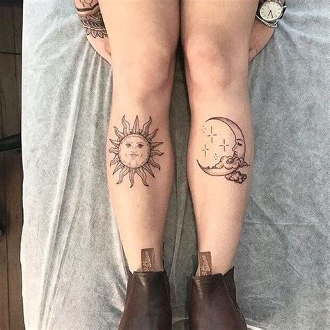 This one is a classic and has quite a simple appearance. . Sun and moon knee tattoos